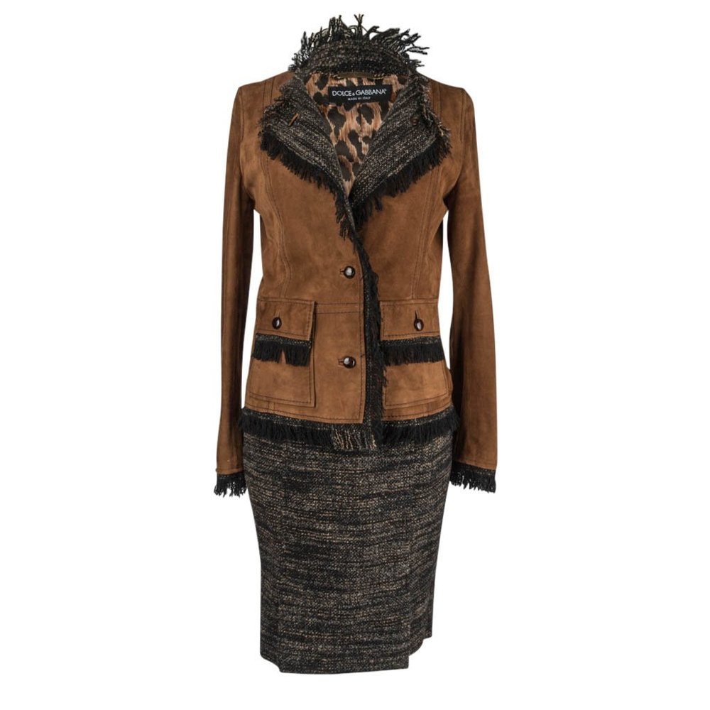 Dolce & Gabbana Suede and Tweed Skirt Suit Leather Buttons 42 / 8